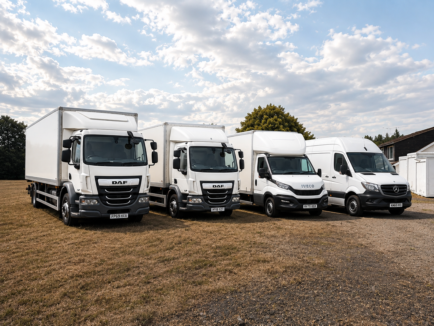 The S&B fleet of white DAF, Iveco and Mercedes Sprinter vehicles ready for UK deliveries