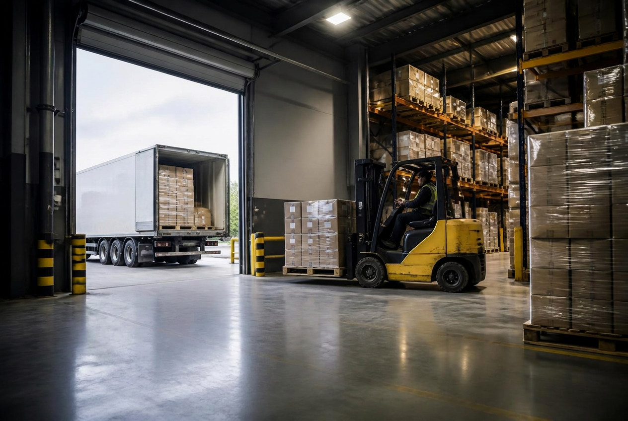 A forklift loading pallets into a trailer at a UK distribution warehouse