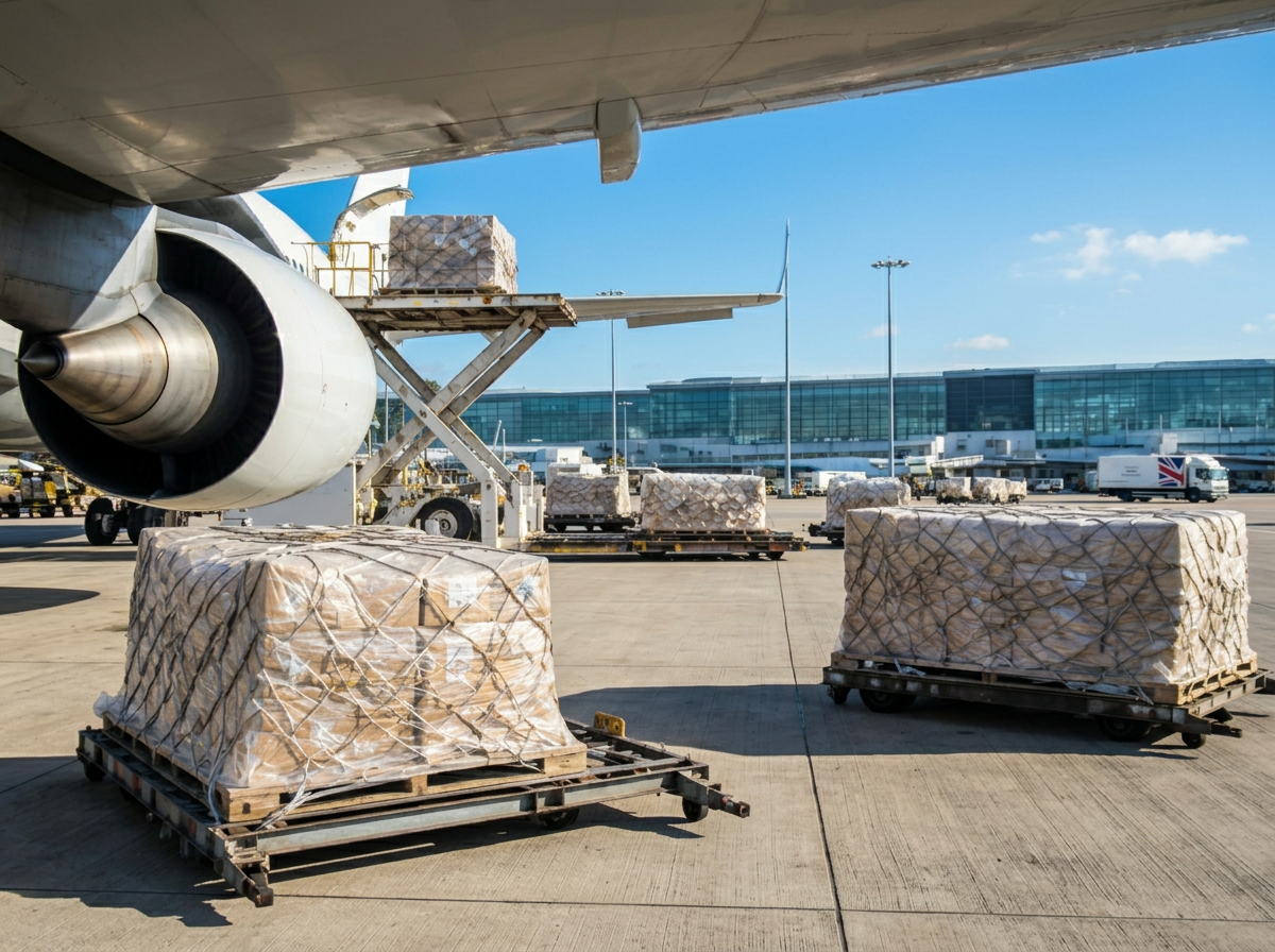 Palletised air freight being loaded onto a commercial vehicle at a UK airport
