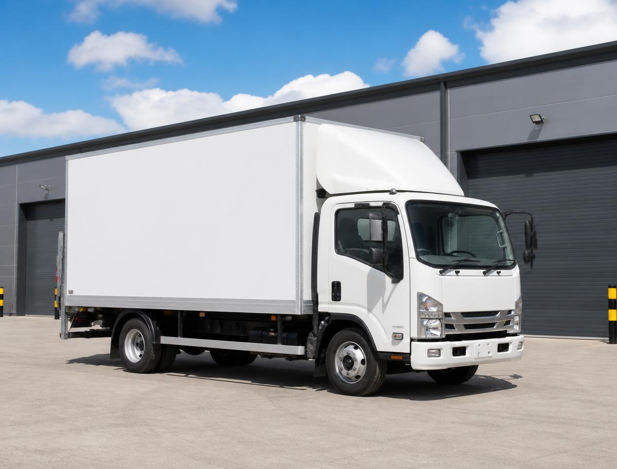 A white 7.5-tonne box truck with a tail lift parked in a depot yard