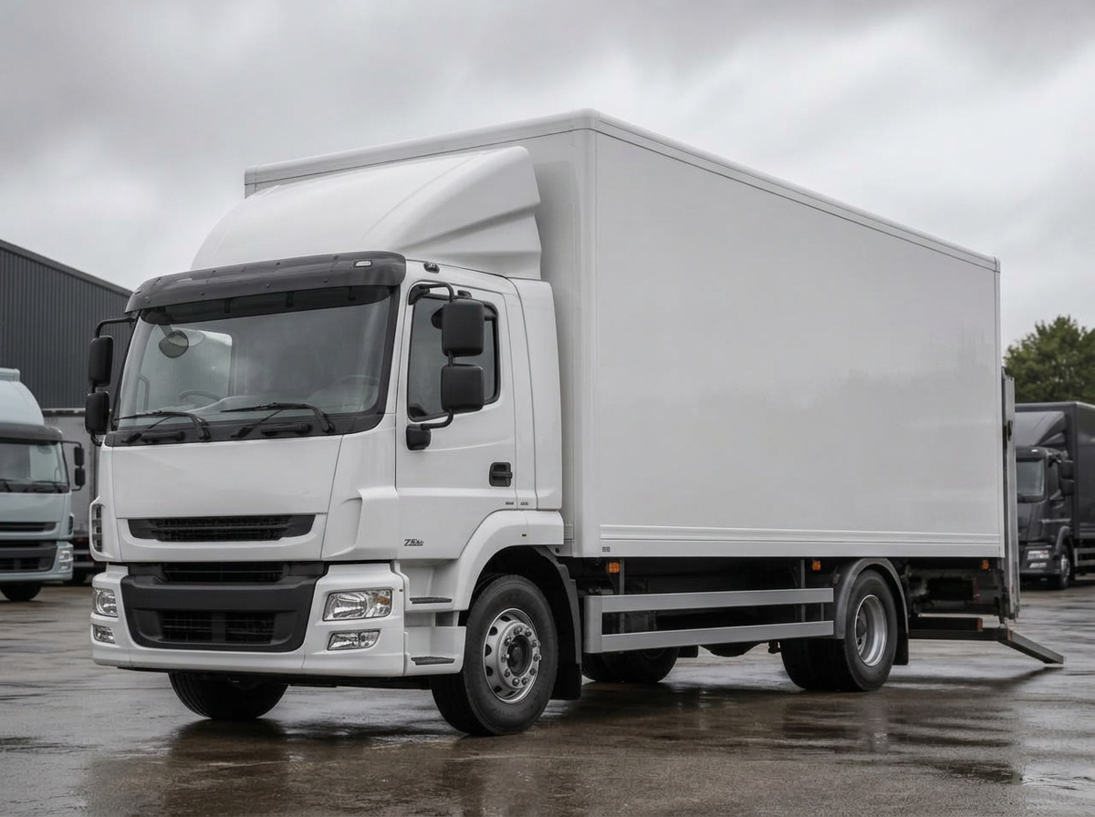 A white 7.5-tonne box truck with a tail lift parked in a depot yard