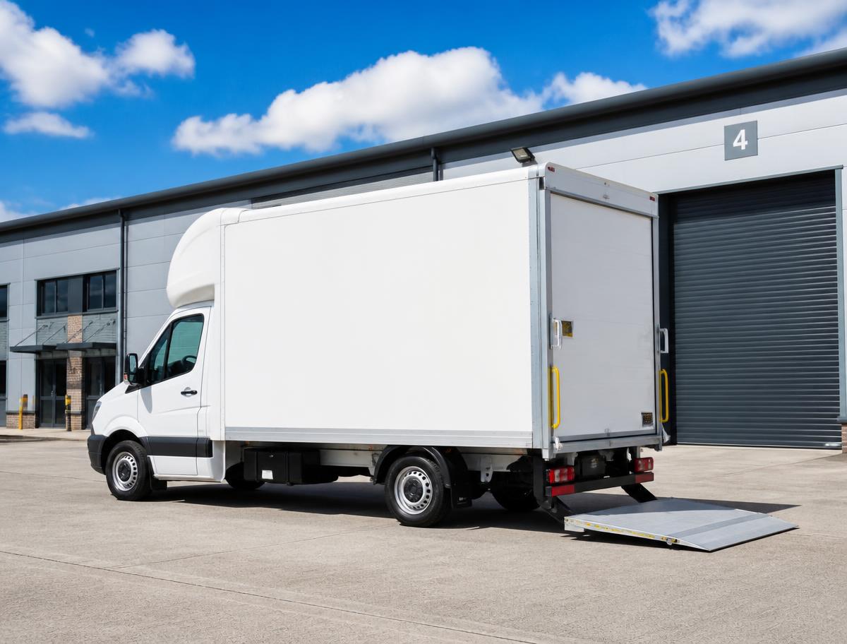 A white Luton van with its tail lift lowered at a loading bay