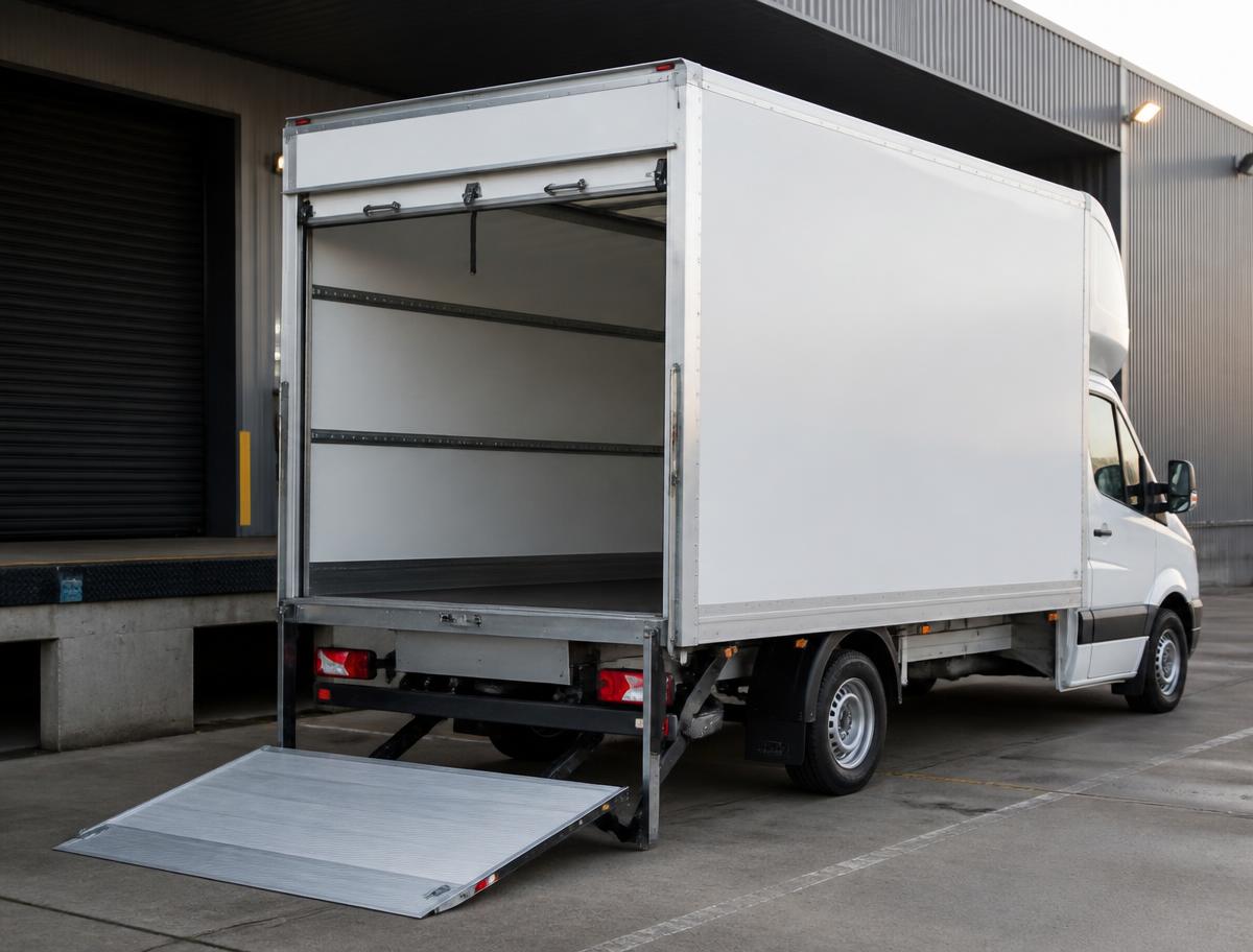 A white Luton van with its tail lift lowered at a loading bay