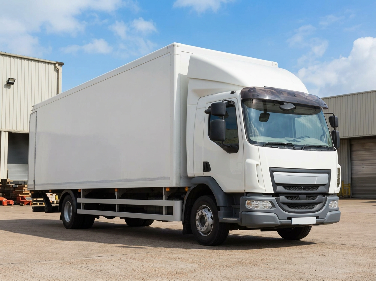 A white 18-tonne rigid box truck parked outside a warehouse on a sunny day