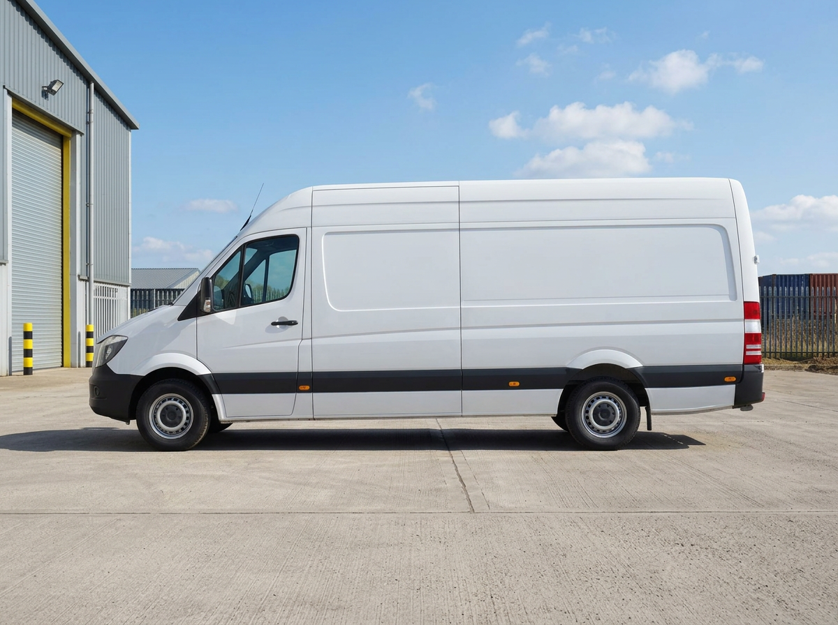 A white long-wheelbase Sprinter van ready for UK delivery